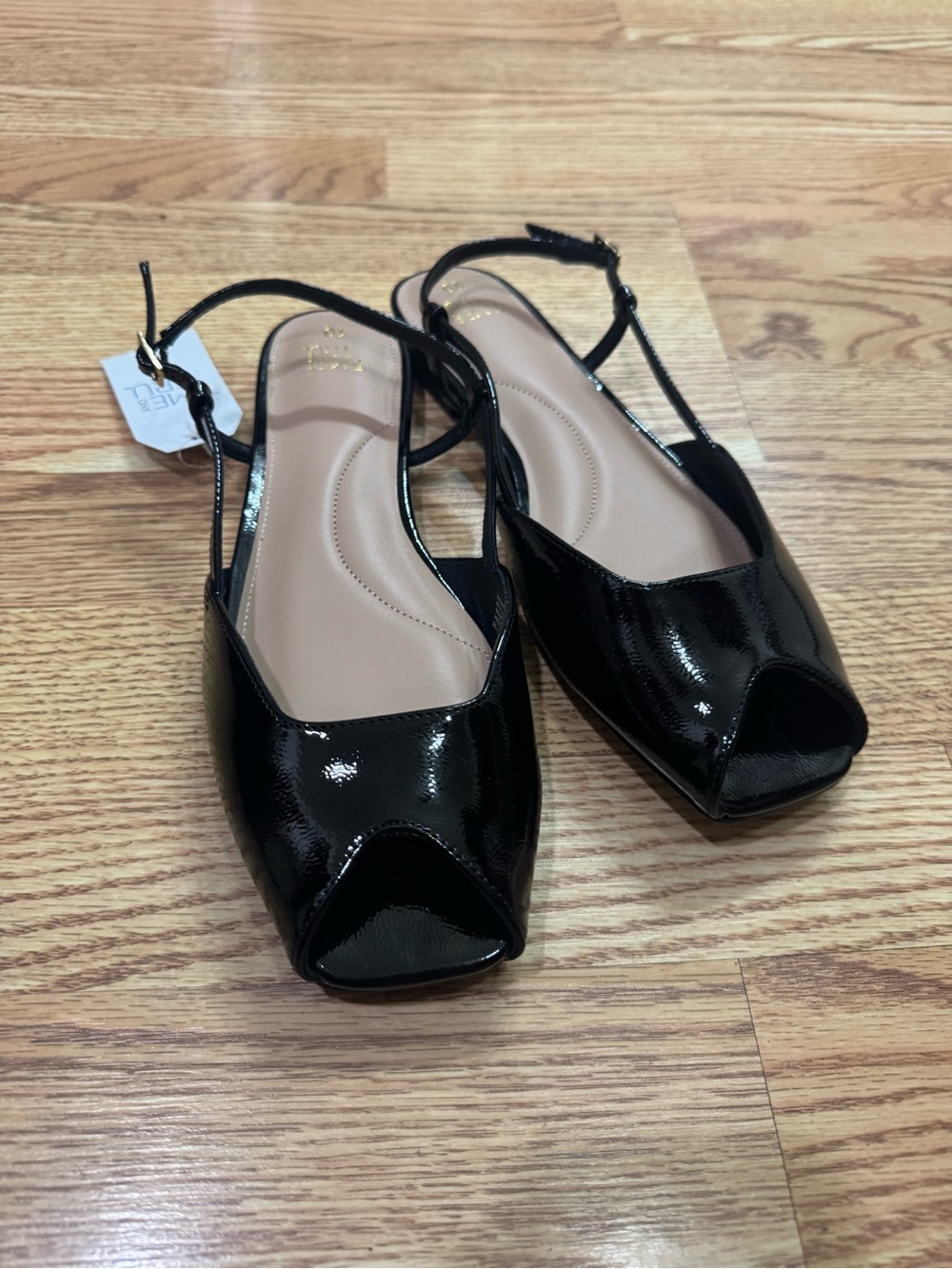 Time and Tru Black Patent Peep-Toe Slingback Flats